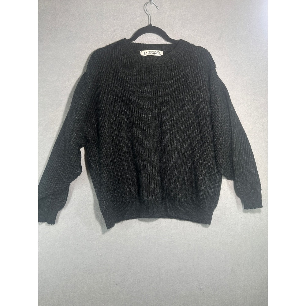 Vintage Le Tigre Mens Black Ribbed Knit Crewneck Sweater Made in USA Large